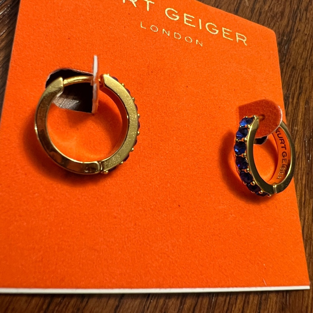 RARE Kurt Geiger Be Kind Gold Huggie Hoops with Royal Blue Stones